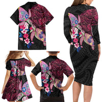 Hawaiian Couple Turtles Honi Family Matching Long Sleeve Bodycon Dress and Hawaiian Shirt Polynesian Art Motifs and Hibiscus Black Red Color - Polynesian Pride