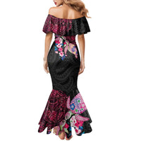 Hawaiian Couple Turtles Honi Family Matching Mermaid Dress and Hawaiian Shirt Polynesian Art Motifs and Hibiscus Black Red Color - Polynesian Pride