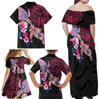 Hawaiian Couple Turtles Honi Family Matching Off Shoulder Maxi Dress and Hawaiian Shirt Polynesian Art Motifs and Hibiscus Black Red Color - Polynesian Pride