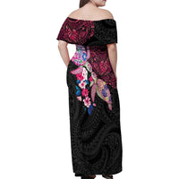 Hawaiian Couple Turtles Honi Family Matching Off Shoulder Maxi Dress and Hawaiian Shirt Polynesian Art Motifs and Hibiscus Black Red Color - Polynesian Pride