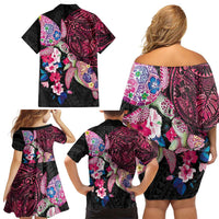 Hawaiian Couple Turtles Honi Family Matching Off Shoulder Short Dress and Hawaiian Shirt Polynesian Art Motifs and Hibiscus Black Red Color - Polynesian Pride