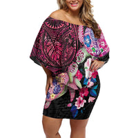Hawaiian Couple Turtles Honi Family Matching Off Shoulder Short Dress and Hawaiian Shirt Polynesian Art Motifs and Hibiscus Black Red Color - Polynesian Pride