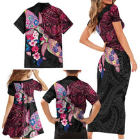 Hawaiian Couple Turtles Honi Family Matching Short Sleeve Bodycon Dress and Hawaiian Shirt Polynesian Art Motifs and Hibiscus Black Red Color - Polynesian Pride
