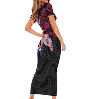 Hawaiian Couple Turtles Honi Family Matching Short Sleeve Bodycon Dress and Hawaiian Shirt Polynesian Art Motifs and Hibiscus Black Red Color - Polynesian Pride