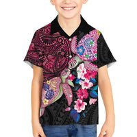 Hawaiian Couple Turtles Honi Family Matching Short Sleeve Bodycon Dress and Hawaiian Shirt Polynesian Art Motifs and Hibiscus Black Red Color - Polynesian Pride