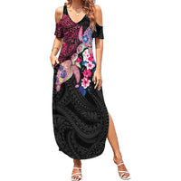 Hawaiian Couple Turtles Honi Family Matching Summer Maxi Dress and Hawaiian Shirt Polynesian Art Motifs and Hibiscus Black Red Color - Polynesian Pride