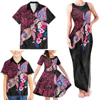 Hawaiian Couple Turtles Honi Family Matching Tank Maxi Dress and Hawaiian Shirt Polynesian Art Motifs and Hibiscus Black Red Color - Polynesian Pride