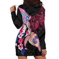 Hawaiian Couple Turtles Honi Hoodie Dress Polynesian Art Motifs and Hibiscus Black Red Color - Polynesian Pride
