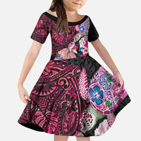 Hawaiian Couple Turtles Honi Kid Short Sleeve Dress Polynesian Art Motifs and Hibiscus Black Red Color - Polynesian Pride