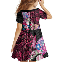 Hawaiian Couple Turtles Honi Kid Short Sleeve Dress Polynesian Art Motifs and Hibiscus Black Red Color - Polynesian Pride