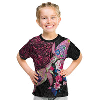 Hawaiian Couple Turtles Honi Kid T Shirt Polynesian Art Motifs and Hibiscus Black Red Color - Polynesian Pride