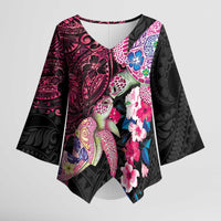 Hawaiian Couple Turtles Honi Kimono Sleeve Blouse Polynesian Art Motifs and Hibiscus Black Red Color - Polynesian Pride