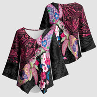 Hawaiian Couple Turtles Honi Kimono Sleeve Blouse Polynesian Art Motifs and Hibiscus Black Red Color - Polynesian Pride