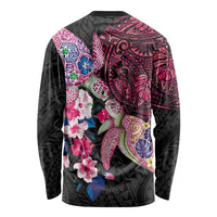 Hawaiian Couple Turtles Honi Long Sleeve Shirt Polynesian Art Motifs and Hibiscus Black Red Color - Polynesian Pride