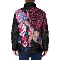 Hawaiian Couple Turtles Honi Padded Jacket Polynesian Art Motifs and Hibiscus Black Red Color - Polynesian Pride