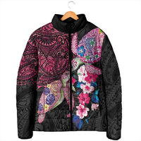 Hawaiian Couple Turtles Honi Padded Jacket Polynesian Art Motifs and Hibiscus Black Red Color - Polynesian Pride