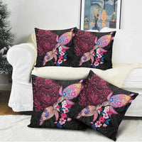 Hawaiian Couple Turtles Honi Pillow Cover Polynesian Art Motifs and Hibiscus Black Red Color - Polynesian Pride