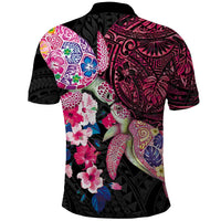 Hawaiian Couple Turtles Honi Polo Shirt Polynesian Art Motifs and Hibiscus Black Red Color - Polynesian Pride