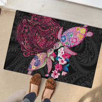 Hawaiian Couple Turtles Honi Rubber Doormat Polynesian Art Motifs and Hibiscus Black Red Color - Polynesian Pride