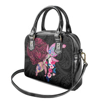 Hawaiian Couple Turtles Honi Shoulder Handbag Polynesian Art Motifs and Hibiscus Black Red Color - Polynesian Pride