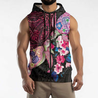 Hawaiian Couple Turtles Honi Sleeveless Zip Hoodie Polynesian Art Motifs and Hibiscus Black Red Color - Polynesian Pride