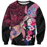 Hawaiian Couple Turtles Honi Sweatshirt Polynesian Art Motifs and Hibiscus Black Red Color - Polynesian Pride