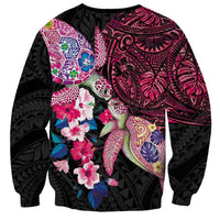 Hawaiian Couple Turtles Honi Sweatshirt Polynesian Art Motifs and Hibiscus Black Red Color - Polynesian Pride
