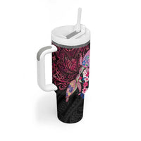 Hawaiian Couple Turtles Honi Tumbler With Handle Polynesian Art Motifs and Hibiscus Black Red Color - Polynesian Pride