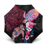 Hawaiian Couple Turtles Honi Umbrella Polynesian Art Motifs and Hibiscus Black Red Color - Polynesian Pride