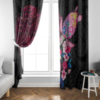Hawaiian Couple Turtles Honi Window Curtain Polynesian Art Motifs and Hibiscus Black Red Color - Polynesian Pride