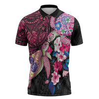 Hawaiian Couple Turtles Honi Zipper Polo Shirt Polynesian Art Motifs and Hibiscus Black Red Color - Polynesian Pride