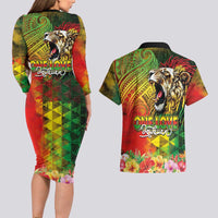 Hawaiian Reggae Couples Matching Long Sleeve Bodycon Dress and Hawaiian Shirt Jawaiian One Love-Tribal Tatoos and Rastafari Lion - Polynesian Pride