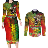 Hawaiian Reggae Couples Matching Long Sleeve Bodycon Dress and Long Sleeve Button Shirt Jawaiian One Love-Tribal Tatoos and Rastafari Lion - Polynesian Pride