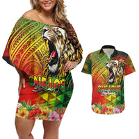 Hawaiian Reggae Couples Matching Off Shoulder Short Dress and Hawaiian Shirt Jawaiian One Love-Tribal Tatoos and Rastafari Lion - Polynesian Pride