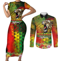 Hawaiian Reggae Couples Matching Short Sleeve Bodycon Dress and Long Sleeve Button Shirt Jawaiian One Love-Tribal Tatoos and Rastafari Lion - Polynesian Pride