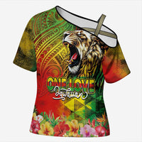 Hawaiian Reggae Cross Shoulder Shirt Jawaiian One Love-Tribal Tatoos and Rastafari Lion - Polynesian Pride