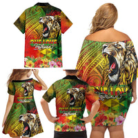 Hawaiian Reggae Family Matching Off Shoulder Short Dress and Hawaiian Shirt Jawaiian One Love-Tribal Tatoos and Rastafari Lion - Polynesian Pride