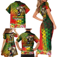 Hawaiian Reggae Family Matching Short Sleeve Bodycon Dress and Hawaiian Shirt Jawaiian One Love-Tribal Tatoos and Rastafari Lion - Polynesian Pride