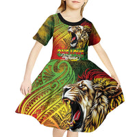 Hawaiian Reggae Kid Short Sleeve Dress Jawaiian One Love-Tribal Tatoos and Rastafari Lion - Polynesian Pride