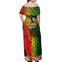 Hawaiian Reggae Off Shoulder Maxi Dress Jawaiian One Love-Tribal Tatoos and Rastafari Lion - Polynesian Pride