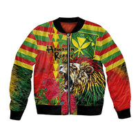 Hawaiian Reggae Bomber Jacket Kakau Art Motifs with Ohia Lehua and Rastafari Lion - Polynesian Pride