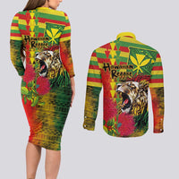 Hawaiian Reggae Couples Matching Long Sleeve Bodycon Dress and Long Sleeve Button Shirt Kakau Art Motifs with Ohia Lehua and Rastafari Lion - Polynesian Pride
