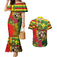 Hawaiian Reggae Couples Matching Mermaid Dress and Hawaiian Shirt Kakau Art Motifs with Ohia Lehua and Rastafari Lion - Polynesian Pride