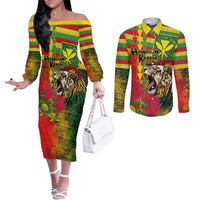 Hawaiian Reggae Couples Matching Off The Shoulder Long Sleeve Dress and Long Sleeve Button Shirt Kakau Art Motifs with Ohia Lehua and Rastafari Lion - Polynesian Pride
