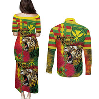 Hawaiian Reggae Couples Matching Puletasi and Long Sleeve Button Shirt Kakau Art Motifs with Ohia Lehua and Rastafari Lion - Polynesian Pride