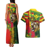 Hawaiian Reggae Couples Matching Tank Maxi Dress and Hawaiian Shirt Kakau Art Motifs with Ohia Lehua and Rastafari Lion - Polynesian Pride