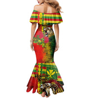 Hawaiian Reggae Family Matching Mermaid Dress and Hawaiian Shirt Kakau Art Motifs with Ohia Lehua and Rastafari Lion - Polynesian Pride