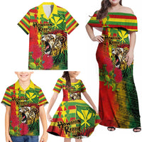 Hawaiian Reggae Family Matching Off Shoulder Maxi Dress and Hawaiian Shirt Kakau Art Motifs with Ohia Lehua and Rastafari Lion - Polynesian Pride