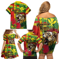 Hawaiian Reggae Family Matching Off Shoulder Short Dress and Hawaiian Shirt Kakau Art Motifs with Ohia Lehua and Rastafari Lion - Polynesian Pride