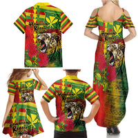 Hawaiian Reggae Family Matching Summer Maxi Dress and Hawaiian Shirt Kakau Art Motifs with Ohia Lehua and Rastafari Lion - Polynesian Pride